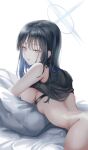  1girl absurdres bed_sheet black_hair black_shirt blue_archive blush bottomless breasts chest_harness clothes_lift halo harness highres looking_at_viewer looking_back lying medium_breasts moda_(mo_da_3) on_stomach out-of-frame_censoring pillow saori_(blue_archive) shirt shirt_lift solo 