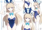  1girl animal_ears aqua_bow aqua_bowtie arms_up ass blonde_hair blue_archive blue_eyes blue_leotard bow bowtie breasts cleavage closed_mouth commentary_request detached_sleeves fake_animal_ears fake_tail halo leotard long_hair looking_at_viewer medium_breasts multiple_views official_alternate_costume open_mouth rabbit_ears rabbit_tail shigure_ryuunosuke smile speech_bubble tail thighs thought_bubble toki_(blue_archive) toki_(bunny)_(blue_archive) translation_request white_background 