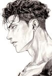  1boy absurdres ear_piercing greyscale highres jozpic male_focus miyagi_ryouta monochrome parted_lips piercing portrait profile short_hair simple_background slam_dunk_(series) solo sweat undercut v-shaped_eyebrows 