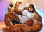  2023 abs ameno_mikazuki anthro arm_tuft artist_logo beard biceps black_nipples black_sclera black_stripes brown_hair bulge chest_tattoo claws clothing curtains elbow_tuft facial_hair felid finger_claws flexing_bicep fur hair hi_res logo looking_at_viewer lying male mammal mostly_nude muscular muscular_anthro muscular_male nipples obliques on_side one_eye_closed orange_body orange_fur pantherine pecs shadow_lyons solo speedo striped_body striped_fur stripes swimwear tattoo tiger tuft wink yellow_eyes 