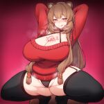  1girl animal_ears arms_behind_head arms_up black_panties black_thighhighs breasts brown_eyes brown_hair chest_tattoo cleavage closed_mouth commission garter_belt heart heart-shaped_pupils highres huge_breasts licking_lips looking_at_viewer panties pixiv_commission raccoon_ears raccoon_tail raphtalia red_sweater rikuguma simple_background smile solo spread_legs squatting sweater symbol-shaped_pupils tail tate_no_yuusha_no_nariagari tattoo thick_thighs thighhighs thighs tongue tongue_out underwear 