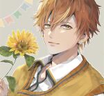  1boy blonde_hair closed_mouth collared_shirt commentary_request earrings flower hair_between_eyes holding holding_flower jewelry leaf looking_at_viewer male_focus mikeimikei multicolored_hair official_alternate_costume orange_hair partial_commentary project_sekai shinonome_akito shirt short_hair solo streaked_hair string_of_flags sunflower sweater_vest the_vivid_old_tale_(project_sekai) two-tone_hair upper_body yellow_eyes 