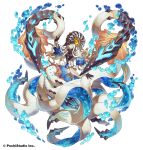  1girl blue_eyes breasts bubble cephalopod_eyes colored_skin extra_eyes full_body long_hair looking_at_viewer medium_breasts monster_girl nautilus_(animal) original scylla solo suction_cups tentacle_hair tentacles water white_background white_hair white_skin yellow_eyes yuzu_shio 