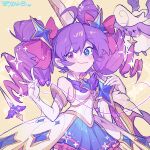  1girl ahoge artist_name blue_eyes blush brooch closed_mouth drill_hair elbow_gloves gloves gwen_(league_of_legends) hair_between_eyes hair_ornament heterochromia highres holding holding_scissors holding_weapon jewelry league_of_legends long_hair looking_at_viewer official_alternate_costume official_alternate_hairstyle purple_eyes purple_hair scissors simple_background smile solo star_(symbol) star_guardian_(league_of_legends) star_guardian_gwen star_guardian_pet twin_drills upper_body weapon ztdlb 