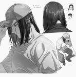  1boy absurdres bui_(buupopopopopo) closed_mouth facing_away greyscale hand_up hat highres looking_at_viewer male_focus medium_hair mitsui_hisashi monochrome pants shirt shoes short_hair short_sleeves simple_background sitting slam_dunk_(series) upper_body 