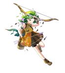  1girl arrow_(projectile) bandana bare_shoulders blush bow_(weapon) braid broken broken_weapon child fingerless_gloves fire_emblem fire_emblem:_the_blazing_blade fire_emblem_heroes full_body gloves green_eyes hand_up highres leg_up looking_away non-web_source official_art one_eye_closed open_mouth pleated_skirt quiver rebecca_(fire_emblem) ringozaka_mariko shoes shorts skirt sleeveless socks solo torn_clothes transparent_background twin_braids twintails weapon 
