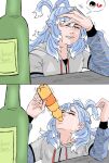  1girl blue_hair bottle cropped_hoodie crying drawstring fanta highres holding holding_bottle hololive hololive_indonesia hood hoodie jacket jasper_xandros kobo_kanaeru liquid_hair long_hair long_sleeves multicolored_hair raincoat soda_bottle solo two-tone_hair virtual_youtuber white_hair white_hoodie 