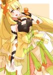  1girl :d absurdres bare_shoulders blonde_hair bow breasts bridal_gauntlets butterfly_hair_ornament celine_(fire_emblem) cleavage crown dress dress_bow fire_emblem fire_emblem_engage green_bow green_eyes hair_between_eyes hair_ornament highres long_hair looking_at_viewer open_mouth orange_bow simple_background sleeveless smile to_(tototo_tk) very_long_hair wrist_bow yellow_dress 