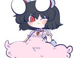  1girl :3 animal_ears black_hair blush carrot_necklace chahan_(fried_rice0614) chibi commentary cowboy_shot dress floppy_ears frilled_sleeves frills inaba_tewi jewelry looking_at_viewer neck_ribbon necklace one_eye_closed pink_dress pink_shirt puffy_short_sleeves puffy_sleeves rabbit_ears rabbit_girl rabbit_tail red_eyes red_ribbon ribbon ribbon-trimmed_dress ribbon-trimmed_sleeves ribbon_trim shirt short_hair short_sleeves simple_background solo tail touhou v wavy_hair white_background 