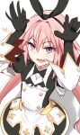  1boy animal_ears astolfo_(fate) astolfo_(saber)_(fate) astolfo_(saber)_(third_ascension)_(fate) black_bow black_gloves black_ribbon blush bow bowtie donutman dress fake_animal_ears fang fate/grand_order fate_(series) gloves hair_bow hair_intakes hair_ribbon heart highres long_hair long_sleeves looking_at_viewer male_focus multicolored_hair otoko_no_ko pink_hair purple_eyes rabbit_ears rabbit_pose ribbon skin_fang solo streaked_hair twintails white_hair wing_collar 