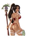  1girl artist_name ass bare_shoulders bikini blushyspicy body_markings breasts brown_hair dark-skinned_female dark_skin facial_mark fang fish food from_behind green_eyes grin highres holding holding_weapon horns jewelry large_breasts league_of_legends long_hair looking_at_viewer looking_back nidalee palm_tree polearm ponytail pool red_bikini red_eyes shiny_skin smile solo spear standing swimsuit teeth thong thong_bikini tree weapon 