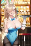  1girl :d absurdres alcohol animal_ears asuna_(blue_archive) asuna_(bunny)_(blue_archive) bar_(place) bar_stool bare_shoulders black_pantyhose blue_archive blue_bow blue_eyes blue_leotard blurry bottle bow breasts cleavage collarbone commentary_request cup depth_of_field detached_collar drinking_glass elbow_gloves fake_animal_ears gloves grin groin hair_bow hair_over_one_eye hair_ribbon hairband halo highleg highleg_leotard highres holding holding_tray indoors large_breasts leotard light_brown_hair long_hair looking_at_viewer mole mole_on_breast namakisama official_alternate_costume pantyhose playboy_bunny rabbit_ears ribbon sidelocks sleeveless smile solo stool strapless strapless_leotard tray white_gloves wine wine_bottle wine_glass 