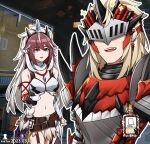  1boy 1girl arknights fake_horns fur-trimmed_bra highres horns kirin_x_yato_(arknights) mochusama1 monster_hunter_(series) noir_corne_(arknights) oni_horns rathalos_s_noir_corne_(arknights) rhodes_island_logo single_horn yato_(arknights) 