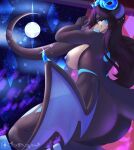  5_fingers anthro big_breasts big_butt black_body blue_markings breasts butt digital_media_(artwork) dragon female fingers gem hair hi_res horn jewelry joxdkauss long_hair looking_at_viewer markings nipples nude purple_eyes simple_background smile solo tail thick_thighs wings 