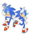  1boy animal_ears animal_nose arm_up blue_fur closed_mouth from_side full_body furry furry_male gloves green_eyes hand_up hedgehog hedgehog_ears hedgehog_tail highres kiironoinku leg_up looking_at_viewer male_focus red_footwear shoes simple_background smile sneakers socks solo sonic_(series) sonic_the_hedgehog standing standing_on_one_leg tail white_background white_gloves white_socks 