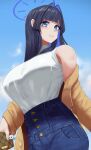 1girl bag black_hair blue_hair blue_halo blue_sky brown_coat cloud coat day denim hair_intakes halo highres holding holding_bag hololive hololive_english jeans long_hair multicolored_hair official_alternate_costume ouro_kronii ouro_kronii_(3rd_costume) outdoors pants reilong sky sleeveless sleeveless_turtleneck solo turtleneck two-tone_hair virtual_youtuber 