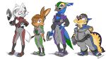  anthro avian backwards_baseball_cap backwards_hat baseball_cap beak belt bird blue_body boots breasts brown_body brown_fur brown_hair calmoray canid canine cleavage clothed clothing female fingerless_gloves footwear fox fur galliform gecko gloves group gun hair hand_on_hip handwear hat headgear headwear hi_res holding_object holding_weapon jacket lagomorph leporid lizard looking_at_viewer mammal multicolored_body multicolored_fur narrowed_eyes peafowl phasianid rabbit ranged_weapon reptile scalie shadow signature simple_background topwear two_tone_body two_tone_fur weapon white_background white_body white_fur white_hair yellow_body 
