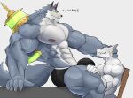  abs anatake anthro biceps big_muscles bulge butt canid canine canis clothing duo furniture genitals head_grab hi_res huge_muscles humanoid league_of_legends looking_at_another male male/male mammal muscular muscular_anthro muscular_male nipples pecs penis riot_games simple_background sitting sitting_on_table size_difference smile table text underwear vein veiny_penis warwick_(lol) wolf 