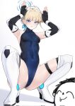  1boy 1girl armpits arms_up arona&#039;s_sensei_doodle_(blue_archive) bare_shoulders black_gloves black_leotard blonde_hair blue_archive blue_eyes blue_leotard blue_ribbon blush boots braid breasts bun_cover covered_navel elbow_gloves fingerless_gloves french_braid gloves hair_bun high_heel_boots high_heels highleg highleg_leotard highres leotard looking_at_viewer maid_headdress onion_(kumagaioyr) open_mouth rabbit_pose ribbon sensei_(blue_archive) shadow short_hair sleeveless_turtleneck_leotard small_breasts squatting sweatdrop thigh_boots thighs toki_(blue_archive) tsurime two-tone_leotard white_background white_footwear 