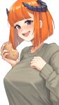  1girl :d absurdres alternate_costume alternate_hair_length alternate_hairstyle arknights bagpipe_(arknights) blunt_bangs bob_cut breasts commentary food grey_sweater highres holding holding_food horns large_breasts long_sleeves open_mouth orange_hair potato purple_eyes radioneet short_hair simple_background smile solo sweater upper_body white_background 