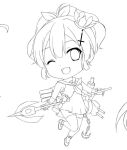  1girl ;d anchor azur_lane bare_shoulders chibi crown dress full_body gyaza hair_ornament holding holding_polearm holding_weapon javelin_(azur_lane) leg_up lineart long_hair mini_crown monochrome neckerchief one_eye_closed polearm ponytail red_neckerchief rigging sailor_dress sleeveless sleeveless_dress smile solo standing standing_on_one_leg thighhighs weapon weapon_behind_back 