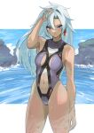  a_(xenoblade) absurdres bare_legs bare_shoulders blue_eyes breasts closed_mouth earrings expressionless hair_between_eyes hair_intakes highres jewelry karian909 long_hair looking_at_viewer messy_hair navel ocean one-piece_swimsuit single_earring small_breasts solo swimsuit very_long_hair water wet wet_clothes wet_hair wet_swimsuit xenoblade_chronicles_(series) xenoblade_chronicles_3 xenoblade_chronicles_3:_future_redeemed 