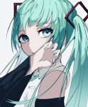  1girl aqua_eyes aqua_hair detached_sleeves expressionless hair_between_eyes hatsune_miku izmtyan long_hair long_sleeves looking_at_viewer nail_polish necktie shirt sleeveless sleeveless_shirt solo twintails upper_body very_long_hair vocaloid white_shirt 