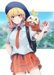  1girl animal_on_shoulder blonde_hair collared_shirt earrings fuecoco grin hat highres hololive hololive_indonesia jewelry kaela_kovalskia looking_at_viewer mitsumine_(ookami_no_oyashiro) naranja_academy_school_uniform necktie poke_ball pokemon pokemon_(game) pokemon_sv red_eyes school_uniform shirt short_hair shorts single_earring smile solo virtual_youtuber 