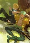  2boys against_tree black_suit blonde_hair blue_shirt boots cigarette closed_eyes cloudy20210211 collarbone dappled_sunlight earrings facial_hair green_hair hand_in_pocket highres holding holding_cigarette jewelry male_focus multiple_boys on_grass one_piece open_mouth outdoors roronoa_zoro sanji_(one_piece) scar scar_on_chest shirt short_hair sitting sleeping smoking striped striped_shirt suit sunlight tree weapon yellow_shirt 