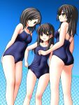  3girls black_hair blue_one-piece_swimsuit blue_sky blush breasts brown_eyes chain-link_fence day fence grey_eyes hair_ornament hairclip hayashio_(kancolle) highres kantai_collection kuroshio_(kancolle) long_hair looking_at_viewer medium_breasts mole mole_under_eye multiple_girls one-piece_swimsuit open_mouth outdoors oyashio_(kancolle) pool senkan_eshi short_hair sky smile swimsuit 