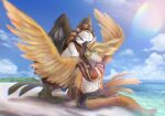 anthro beach cloudscape duo eye_contact feathers hi_res lens_flare looking_at_another male male/male sea seaside sitting sky smile stampmats tail_feathers water wings 