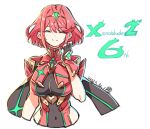  1girl anniversary blush breasts chest_jewel cleavage earrings gloves headpiece jewelry large_breasts pyra_(xenoblade) red_hair saitou_masatsugu short_hair simple_background smile solo swept_bangs tiara xenoblade_chronicles_(series) xenoblade_chronicles_2 