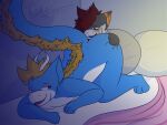  anthro ass_up bat bed bedding bedroom blanket blue_body butt canid canine dragon duo fox furniture green_eyes hair hi_res horn hybrid luka_(toxyc) male male/male mammal night pillow red_eyes shaded tail tired tired_eyes toxyc toxyc_(toxyc) 