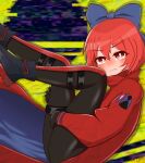  1girl 3nennkaki8nenn absurdres akatsuki_records black_bodysuit black_footwear black_gloves blue_bow blue_cape bodysuit boots bow cape cloak closed_mouth colored_shoe_soles commentary_request gloves hair_bow highres hugging_own_legs latex latex_bodysuit puffy_sleeves red_cape red_cloak red_eyes red_hair sekibanki short_hair solo touhou two-tone_cape 