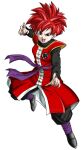  1girl baggy_pants black_footwear black_pants chinese_clothes dougi dragon_ball dragon_ball_xenoverse fighting_stance full_body highres long_sleeves mirai_senshi open_mouth pants purple_sash red_hair sash simple_background solo spiked_hair white_background 