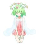  1girl aged_down bow closed_eyes commentary_request dress floating_crown flower green_hair hands_on_own_thighs head_wreath kazami_yuuka kneeling light_smile plaid plaid_dress red_dress s-a-murai see-through_shawl shawl short_hair solo thighs touhou white_background 