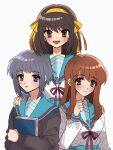  3girls 8plus1000 :d asahina_mikuru blue_sailor_collar blue_skirt blush bob_cut book book_hug brown_eyes brown_hair closed_mouth commentary_request hair_ribbon hairband hand_on_another&#039;s_shoulder highres holding holding_book hugging_object kita_high_school_uniform long_hair long_sleeves looking_at_viewer medium_hair multiple_girls nagato_yuki open_mouth purple_hair red_ribbon ribbon sailor_collar school_uniform serafuku short_hair simple_background skirt smile suzumiya_haruhi suzumiya_haruhi_no_yuuutsu teeth upper_teeth_only white_background winter_uniform yellow_hairband yellow_ribbon 