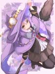  1girl absurdres adjusting_clothes adjusting_headwear arm_up blazer boots broom broom_riding brown_jacket brown_skirt clock_hat_ornament cmo_2kr estelle_(majo_no_tabitabi) full_body highres jacket majo_no_tabitabi necktie purple_hair purple_headwear shirt skirt smile solo thighhighs white_shirt yellow_eyes 