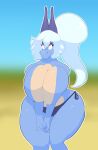  2023 5_fingers absurd_res anselme anthro beach big_breasts bikini bikini_bottom blue_body blue_hair breast_squish breasts clothed clothing digital_media_(artwork) dragon female fingers frown frown_eyebrows hair hi_res horn huge_breasts long_hair looking_up non-mammal_breasts pink_eyes reptile sangerla_(anselme) scalie seaside solo squish swimwear wingless_dragon 