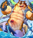  abs anthro balls barrel_(live_a_hero) blush bottomwear canid canine canis clothed clothing erection eyewear fingerless_gloves genitals gloves goggles handwear hi_res hyenaboi_(artist) lifewonders live_a_hero male mammal muscular muscular_anthro muscular_male nipples partially_clothed partially_submerged pecs penis pulling_down_shorts shorts shorts_down toy toy_gun water water_gun wolf 