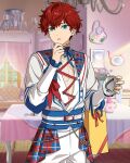  1boy amagi_hiiro aqua_eyes bag belt bow cherished_cutie_(ensemble_stars!) couch cowboy_shot curtains earrings ensemble_stars! fingernails hand_on_own_chin happy_elements hello_kitty holding hoop_earrings jewelry kuromi long_sleeves male_focus my_melody official_art parted_lips picture_frame pillow red_bow red_hair sanrio see-through short_hair solo spade_(shape) table third-party_source 