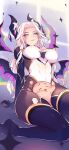  1girl absurdres black_horns black_sclera black_thighhighs breasts closed_mouth colored_sclera covered_navel darklux earrings gem highres horns jewelry large_breasts league_of_legends leotard long_hair morgana_(league_of_legends) multicolored_background orange_eyes parted_bangs smile solo_focus star_nemesis_morgana thighhighs thighs white_hair white_horns white_leotard wings 