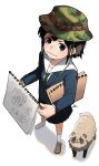  1girl artist_name asakusa_midori black_eyes black_hair blazer blue_jacket blue_skirt blush brown_footwear bucket_hat camouflage camouflage_headwear carrying carrying_under_arm closed_mouth eizouken_ni_wa_te_wo_dasu_na! from_above from_side green_headwear green_necktie hair_between_eyes hat hayato_noda highres holding holding_sketchbook jacket light_blush light_smile loafers looking_to_the_side looking_up necktie perspective pleated_skirt sailor_collar shadow shirt shoes short_hair signature simple_background sketchbook skirt smile socks solo tanuki v-shaped_eyebrows white_background white_sailor_collar white_shirt white_socks 