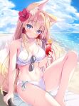 1girl animal_ear_fluff animal_ears beach bikini blonde_hair blue_eyes blue_sky breasts cleavage closed_mouth cloud commentary_request cup day drink eyewear_on_clothing flower fox_ears fox_girl fox_tail hair_flower hair_ornament highres holding holding_cup jewelry kotone_(tateha) large_breasts long_hair navel necklace ocean original outdoors red_flower sand sitting sky smile solo sunglasses sweat swimsuit tail tateha_(marvelous_grace) thighs white_bikini 