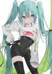  1girl aqua_eyes aqua_hair black_gloves black_thighhighs covered_navel gloves hatsune_miku highres long_hair long_sleeves looking_at_viewer racing_miku racing_miku_(2022) single_thighhigh smile solo thighhighs twintails very_long_hair vocaloid waimoniku 