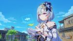  1girl bare_shoulders blue_hair blue_sky chinese_commentary day detached_sleeves dress earrings gloves griseo griseo_(cosmic_expression) highres honkai_(series) honkai_impact_3rd jewelry leaf light_blue_hair official_art official_wallpaper outdoors sky smile solo upper_body white_dress white_gloves white_sleeves 