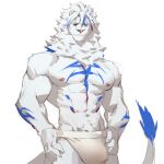  1:1 absurd_res anthro awaldkize blue_eyes blue_markings bulge clothed clothing felid front_view fur hair hi_res lion looking_at_viewer male mammal markings muscular muscular_anthro muscular_male pantherine simple_background solo tail tail_tuft topless tuft underwear white_background white_body white_fur white_hair 