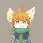  1:1 anthro blue_scarf blush brown_background bust_portrait cheek_tuft clothed clothing dragon facial_tuft front_view fur furred_dragon green_clothing green_topwear grey_background hair kutto kuttoyaki looking_at_viewer male mouth_closed multicolored_body multicolored_fur orange_eyes orange_hair portrait scarf simple_background solo topwear tuft two_tone_body two_tone_fur white_body white_fur yellow_body yellow_fur 