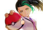  1girl amedaya_(a-m-e-c-o) black_gloves black_hair blurry closed_mouth collared_shirt commentary_request eyelashes fingerless_gloves gloves green_hair holding holding_poke_ball multicolored_hair necktie nemona_(pokemon) poke_ball poke_ball_(basic) pokemon pokemon_(game) pokemon_sv ponytail purple_necktie shirt smile solo two-tone_hair upper_body white_background yellow_eyes 