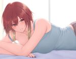  1girl aketa_mikoto bed_sheet blush breasts brown_hair camisole collarbone crossed_arms gradient_hair green_camisole idolmaster idolmaster_shiny_colors kirou_(kiruyuu1210) large_breasts looking_at_viewer lying multicolored_hair on_side smile solo strap_slip upper_body 
